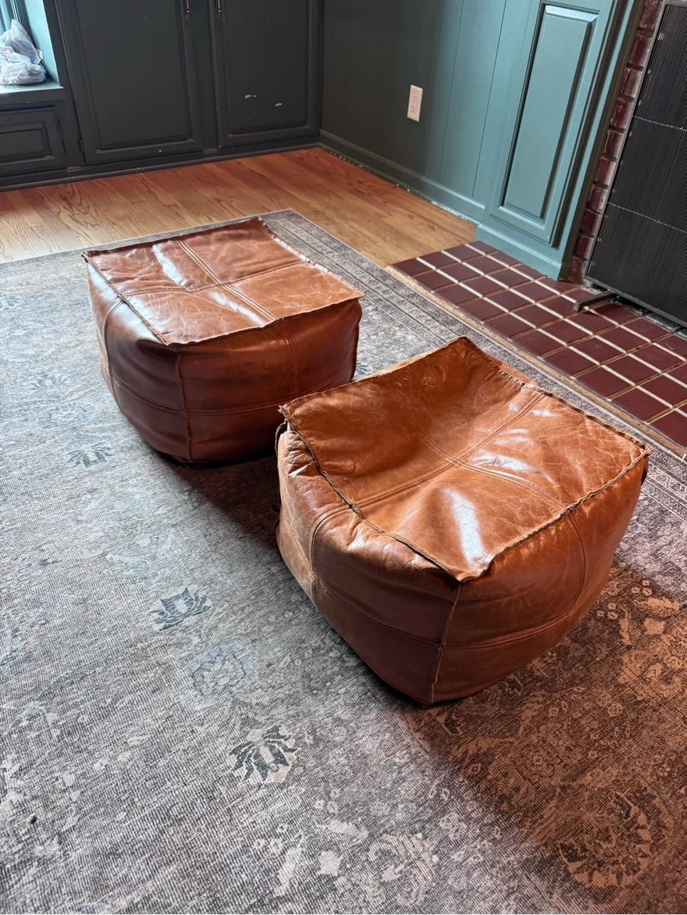 CB2 Cognac Leather Pouf Ottoman Pair